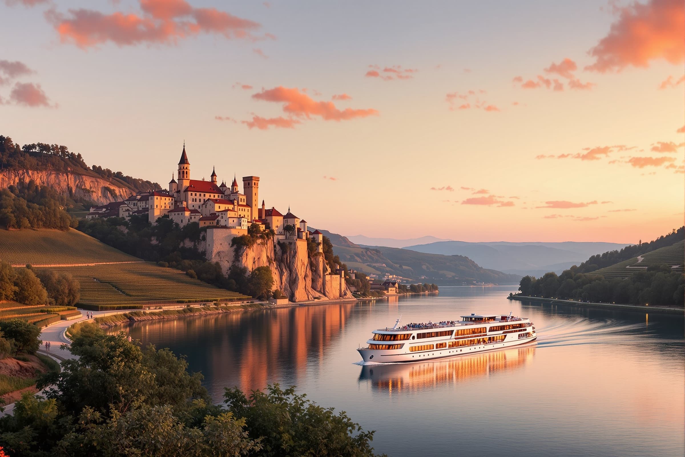A river ship gliding past a clifftop castle village at dusk