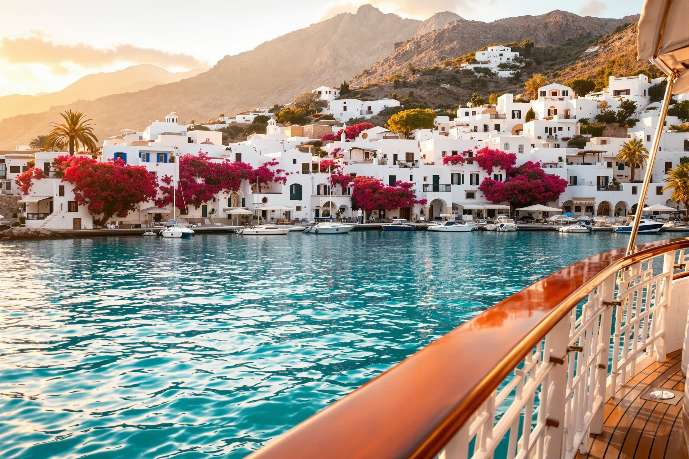 Whitewashed harbor village seen across turquoise water from a ship's rail