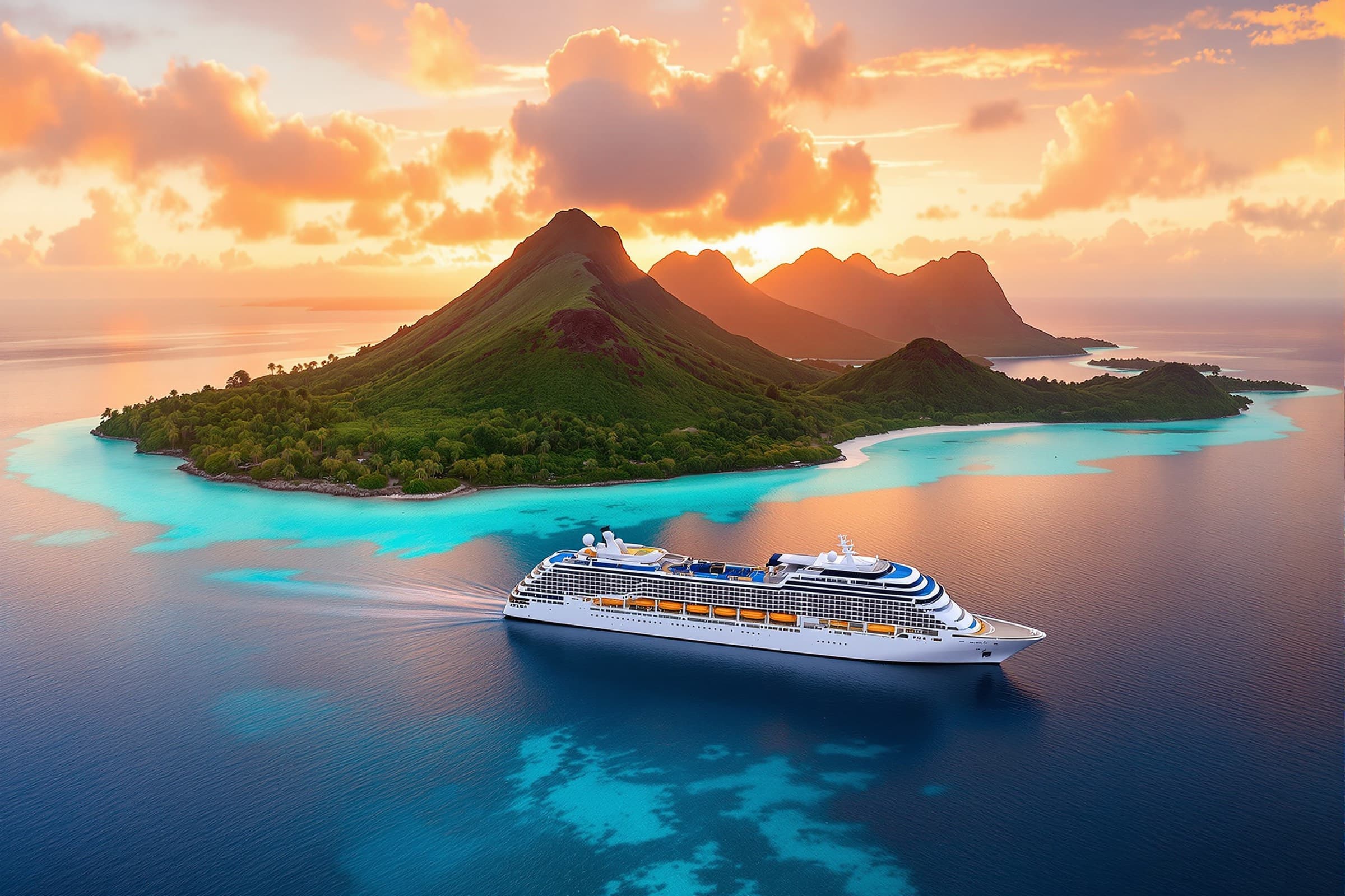 A small ship anchored in a turquoise lagoon below green volcanic peaks